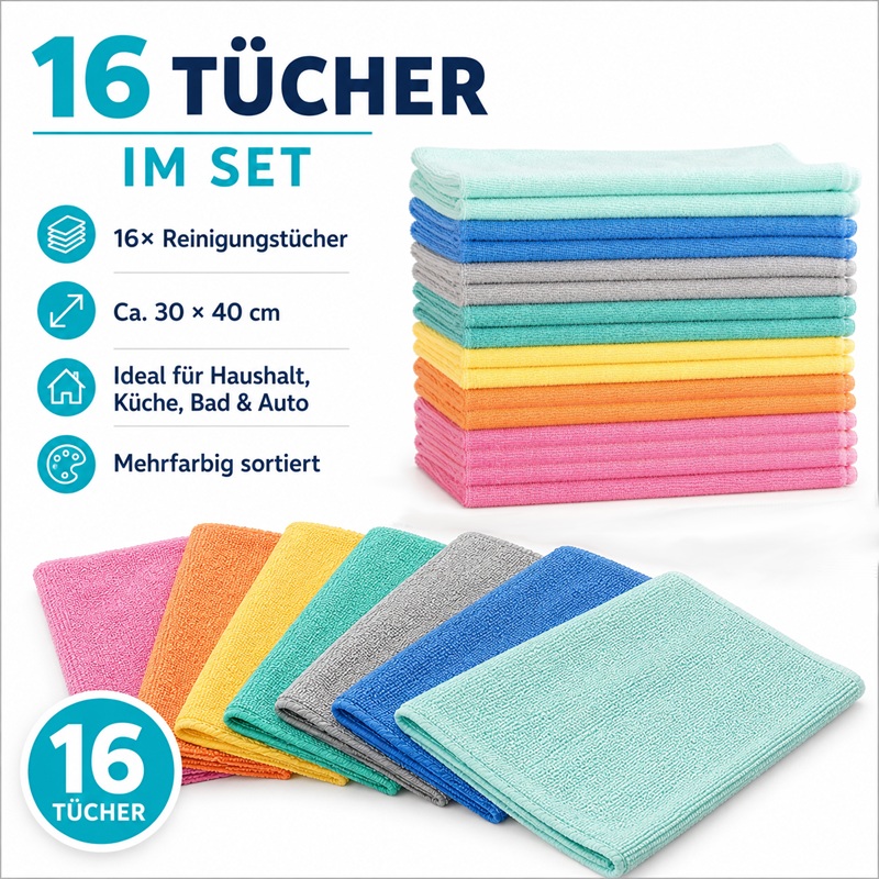 AQUA CLEAN Kristall Ultimo 16er Set. Gezeigt werden farbige Mikrofaser Reinigungstücher im Stapel und aufgefächert, mit Angaben zu Menge, Größe und Einsatzbereichen.