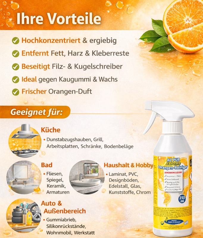 Infografik zum AC PUR Extreme Orangen-Reiniger mit 250-ml-Sprühflasche. Zeigt Vorteile gegen Fett, Harz, Klebereste und Einsatzbereiche in Küche, Bad und Haushalt.