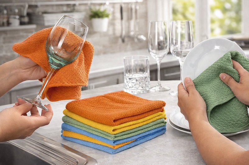 Person trocknet ein Weinglas und einen Teller mit AQUA CLEAN Piqué Mikrofasertüchern in verschiedenen Farben. Die Tücher sind besonders saugfähig und sorgen für streifenfreien Glanz bei Geschirr, Glas und Besteck