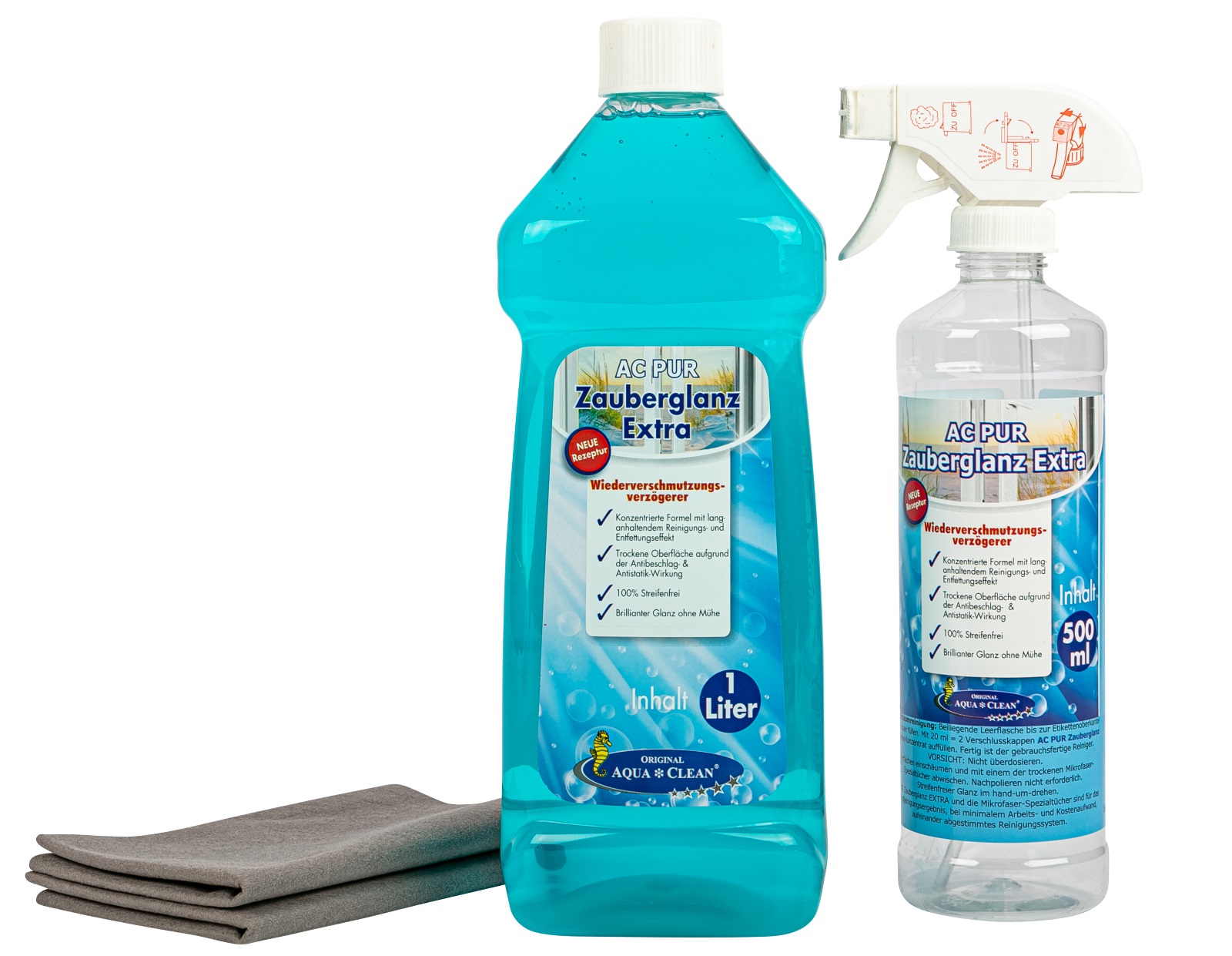 AQUA CLEAN PUR Zauberglanz Extra Fensterreiniger-Gel 1l Konzentrat inkl. 2 Filament-Tücher