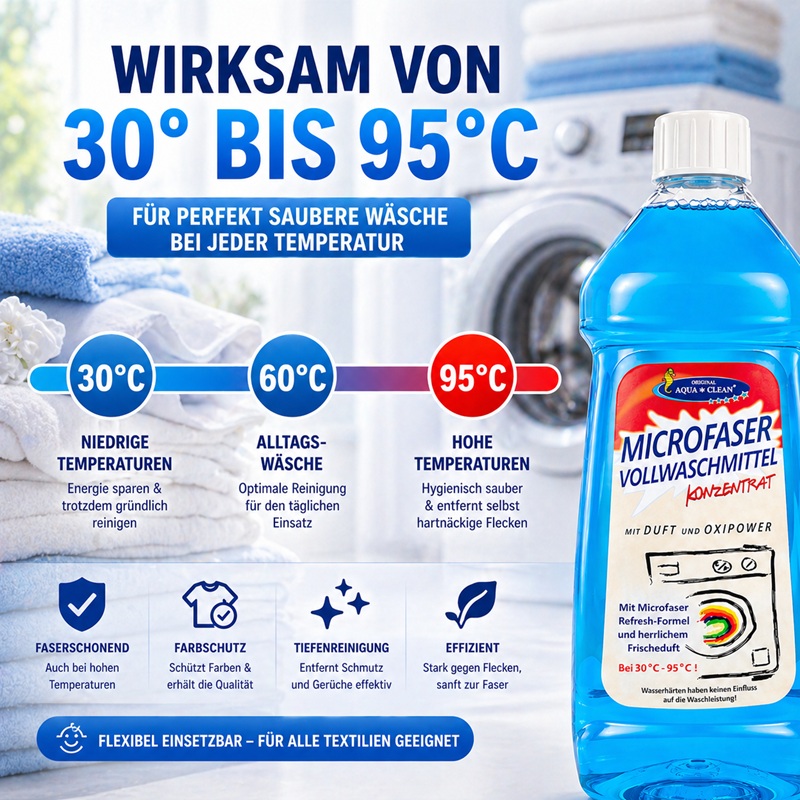 Mikrofaser Vollwaschmittel für Waschtemperaturen von 30 bis 95 Grad Celsius, geeignet für niedrige, mittlere und hohe Temperaturen mit gründlicher Reinigung, Faserschutz und Farberhalt
