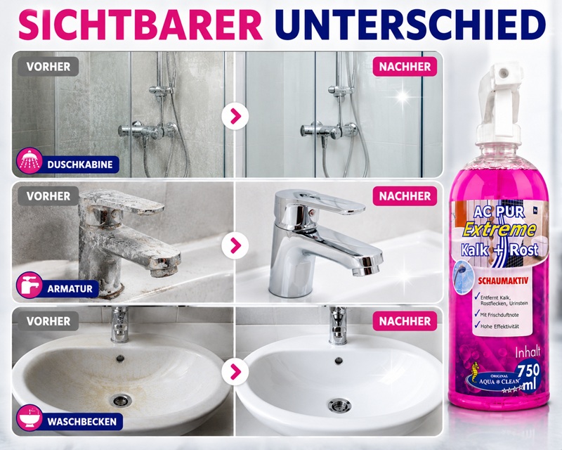 Vorher-Nachher-Grafik für AC PUR Extreme Kalk + Rost mit Duschkabine, Armatur und Waschbecken. Verschmutzte Flächen werden nach der Anwendung sichtbar sauber und glänzend.