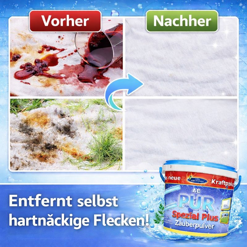 Vorher-Nachher-Vergleich von Textilien: links starke Flecken durch Rotwein und Schmutz, rechts vollständig gereinigte, weiße Stoffoberfläche; unten AC PUR Spezial Plus Zauberpulver als Fleckenentferner.
