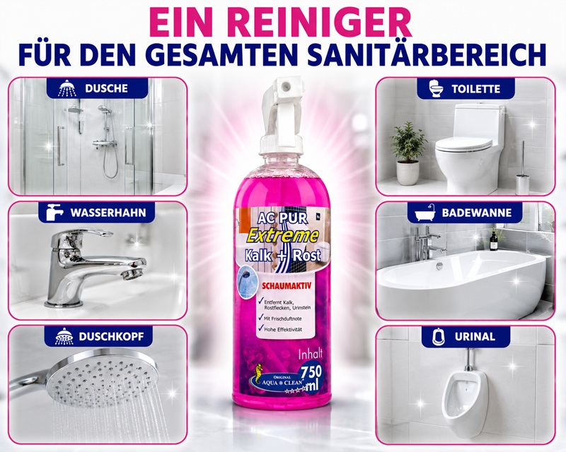 AC PUR Extreme Kalk + Rost als Reiniger für den gesamten Sanitärbereich. Die Grafik zeigt Anwendungen für Dusche, Wasserhahn, Duschkopf, Toilette, Badewanne und Urinal.