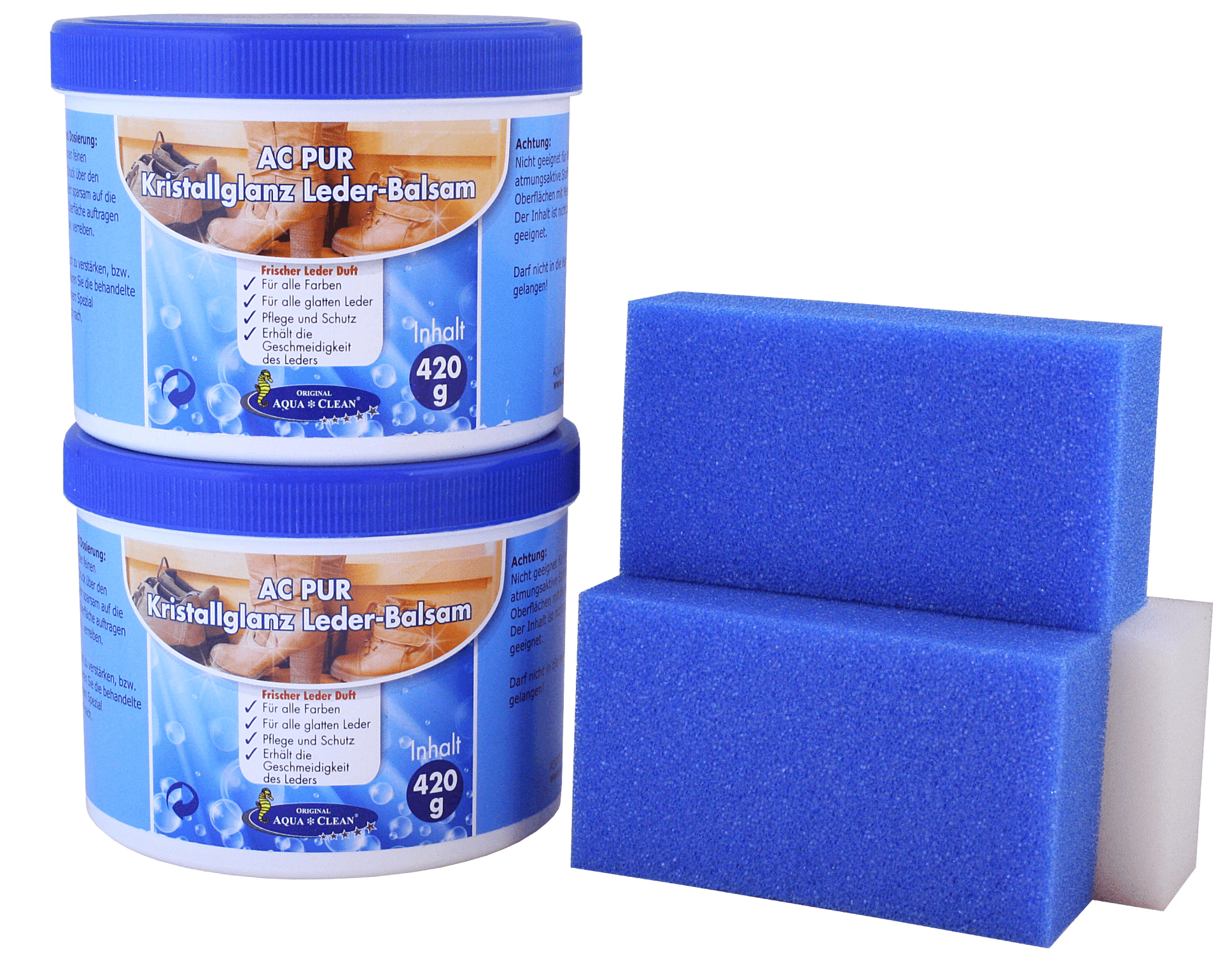 AQUA CLEAN PUR Kristallglanz Leder-Balsam mit Lederduft 2x 420g, inkl. 3 Schwämme