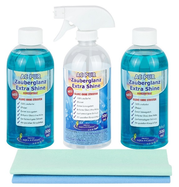 AQUA CLEAN PUR Zauberglanz Extra Fensterreiniger 2x 500ml Konzentrat & 2 Filamenttücher