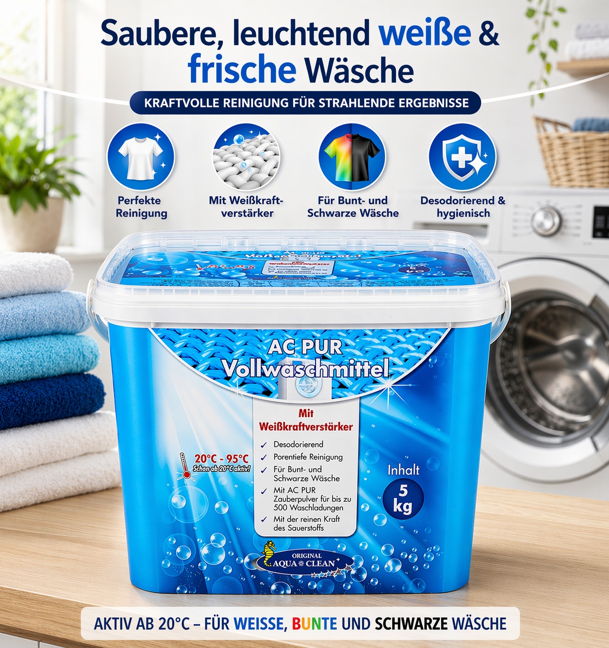 Großer Behälter AC PUR Vollwaschmittel 5kg mit Weißkraftverstärker vor Waschmaschine und gefalteten Handtüchern für saubere, frische und leuchtend weiße Wäsche ab 20 Grad