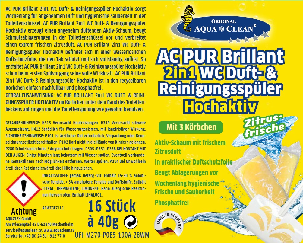 Produktetikett des AC PUR Brillant 2in1 WC Duft- und Reinigungsspülers mit Zitrusduft, 16 Tabs à 40 g, Aktivschaum und Anwendungshinweisen.