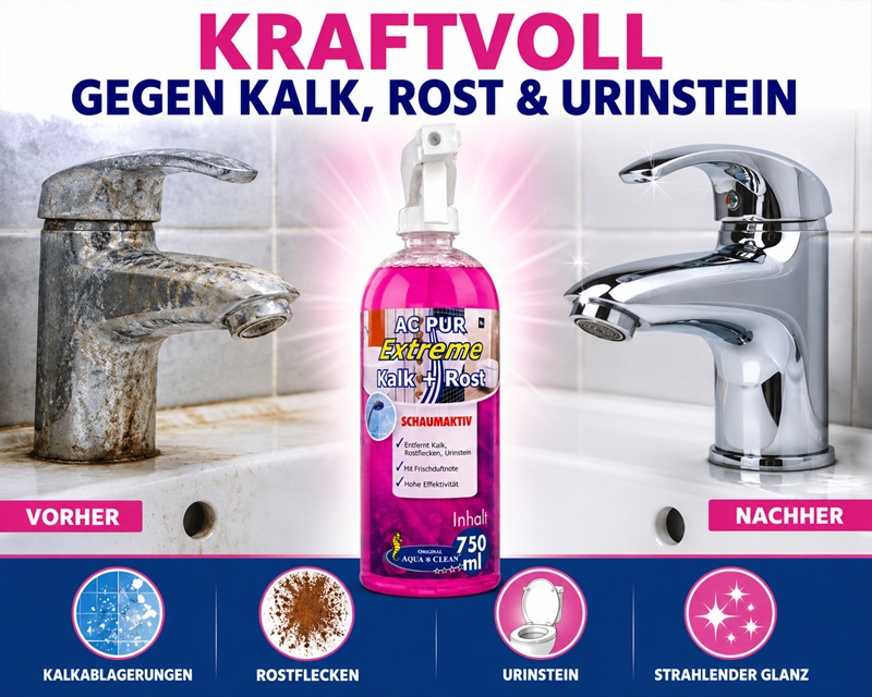 Vorher-Nachher-Grafik für AC PUR Extreme Kalk + Rost. Links ist eine stark verschmutzte Armatur mit Kalkablagerungen, Rostflecken und Urinstein zu sehen, rechts eine glänzend saubere Armatur nach der Anwendung.