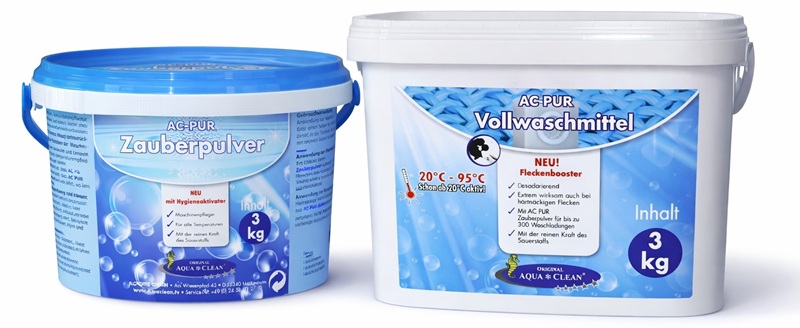 AC PUR Zauberpulver Fleckenentferner (3 kg) und AC PUR Vollwaschmittel mit Fleckenbooster (3 kg), beide in blauen Kunststoffbehältern mit Produktetikett