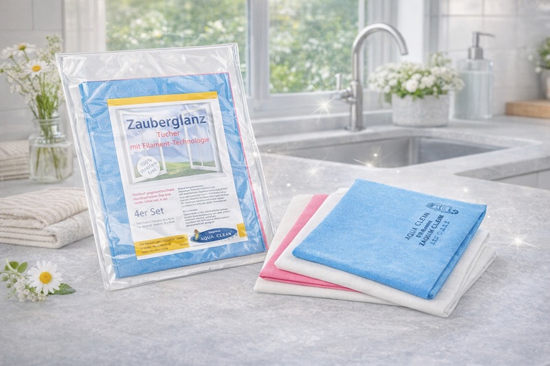 AQUA CLEAN Zauberglanz Tücher im 4er Set auf einer Küchenarbeitsplatte. Verpackung und gefaltete Reinigungstücher in Blau, Weiß und Pink für streifenfreie und fusselfreie Oberflächenreinigung.