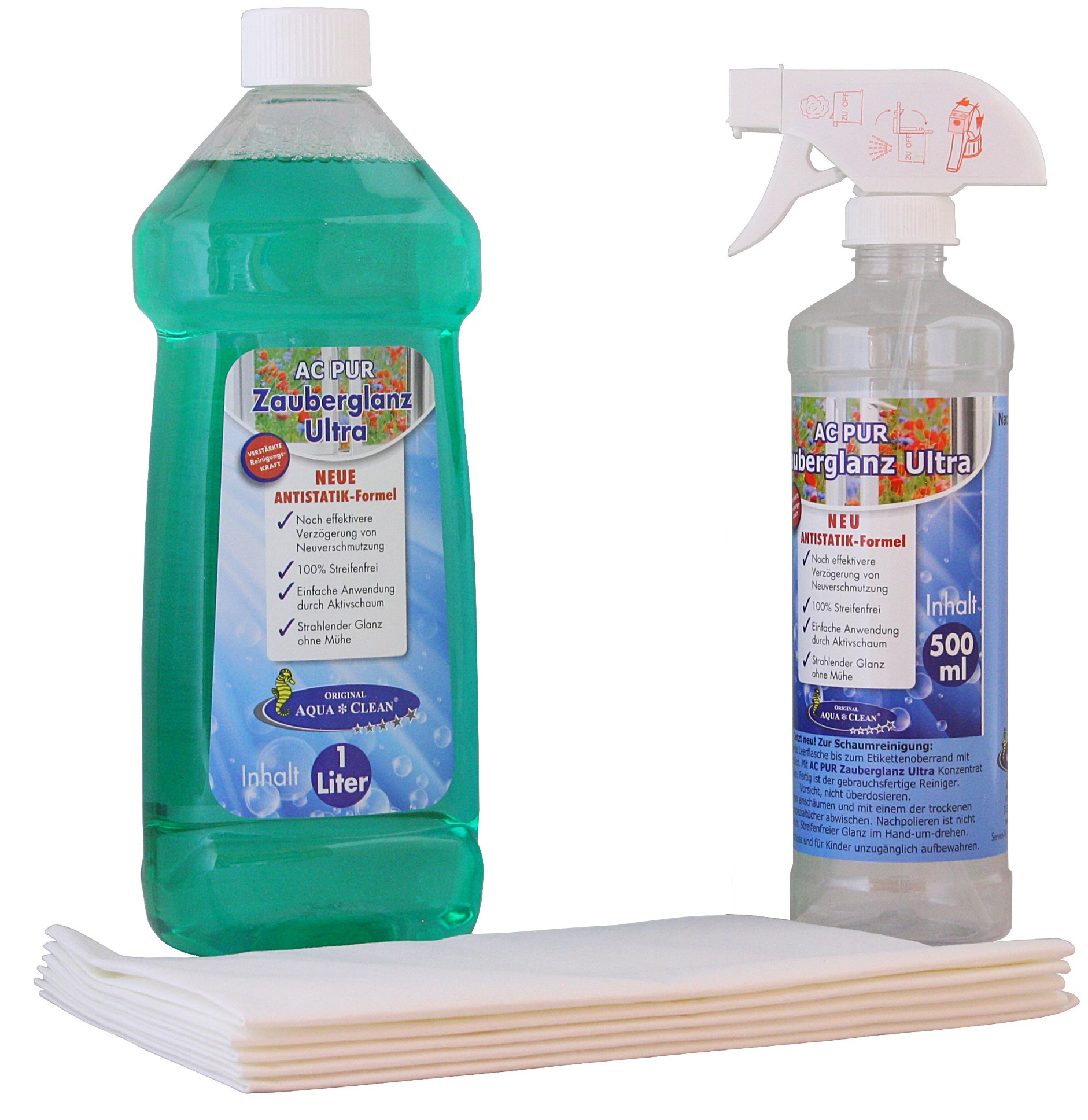 AQUA CLEAN PUR Zauberglanz Ultra Fensterreiniger neue Formel 1l inkl. 5 Tücher