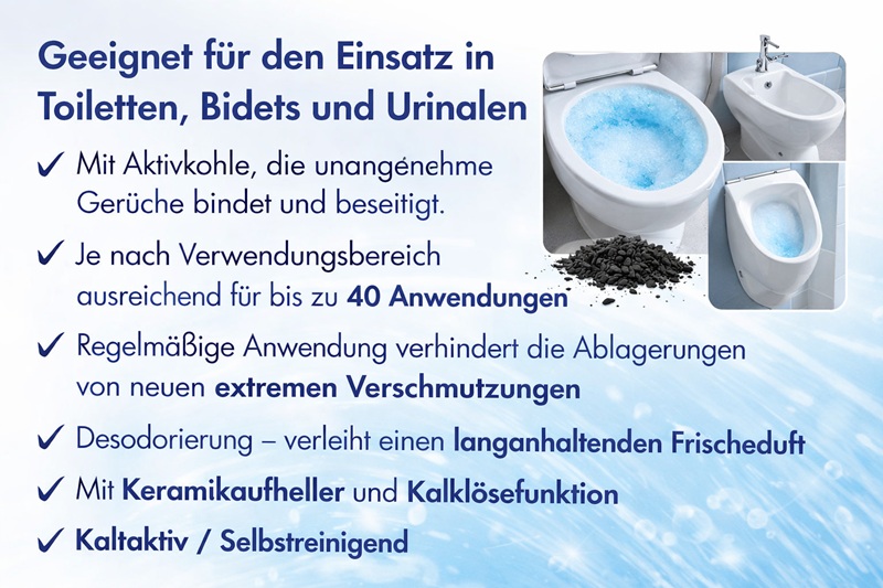 Hellblauer Reinigungsschaum in weißer Toilette, WC-Reiniger mit Aktivkohle für gründliche Reinigung und Geruchsneutralisation