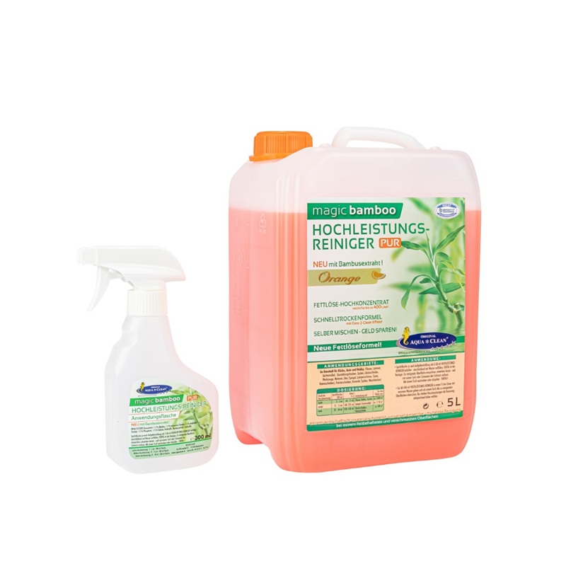 Magic Bamboo Hochleistungsreiniger PUR Orange als 5-Liter Kanister mit Sprühflasche und Bambusextrakt für vielseitige Reinigungsanwendungen