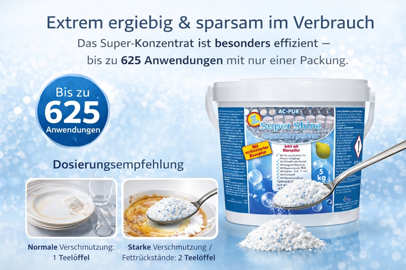 Infografik zum AC PUR Super Shine Geschirrpulver 5 kg mit Dosierungsempfehlung von 1 bis 2 Teelöffeln und bis zu 625 Anwendungen.