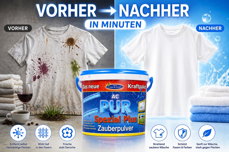 Vorher-Nachher Vergleich eines stark verschmutzten T-Shirts und sauberer Wäsche nach Anwendung von AC PUR Zauberpulver gegen hartnäckige Flecken.