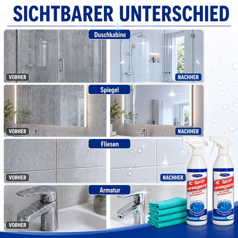 Vorher-Nachher-Grafik zur AC Sprühversiegelung. Gezeigt werden Duschkabine, Spiegel, Fliesen und Armatur vor der Anwendung mit Wasserflecken, Kalk und Schmutz sowie nach der Versiegelung mit glänzenden Oberflächen und sichtbarem Abperleffekt