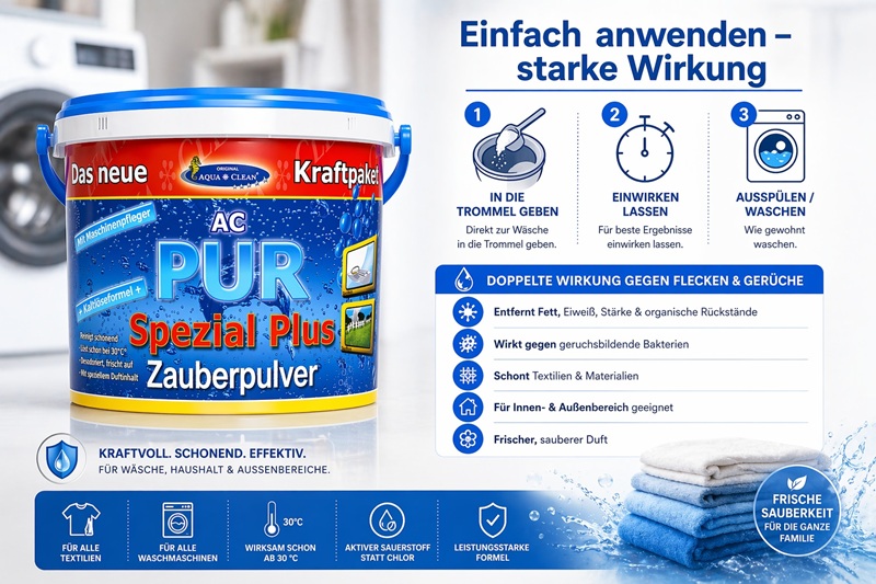 AC PUR Spezial Plus Zauberpulver Anwendung: Pulver in die Trommel geben, einwirken lassen und waschen für effektive Fleckenentfernung und frische Wäsche.