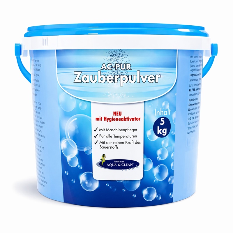 Freigestellter Eimer AC PUR Zauberpulver 5 kg mit Hygieneaktivator zur Entfernung von Flecken und Gerüchen durch aktiven Sauerstoff.