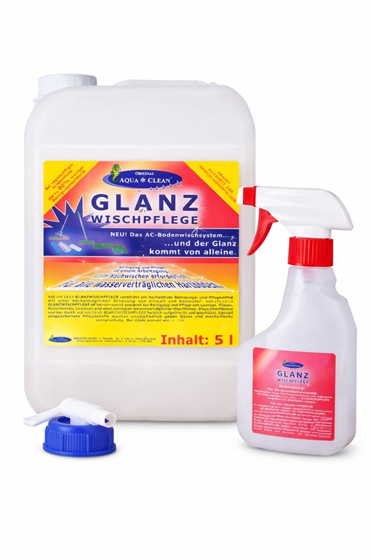 AQUA CLEAN Glanzwischpflege 5 Liter Bodenreiniger mit Sprühflasche und Abfüllhahn auf weißem Hintergrund