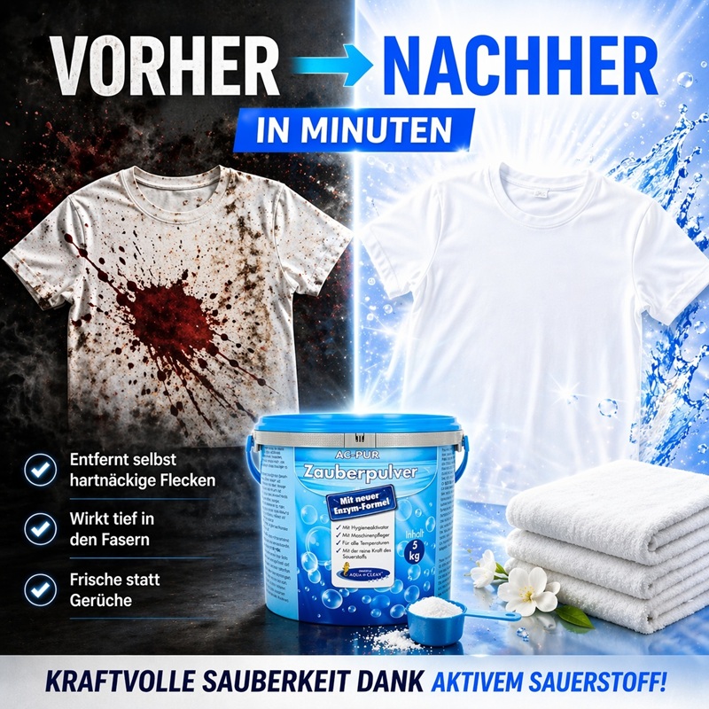 Vorher-Nachher Vergleich eines stark verschmutzten T-Shirts und sauberer Wäsche nach Anwendung von AC PUR Zauberpulver mit aktivem Sauerstoff.