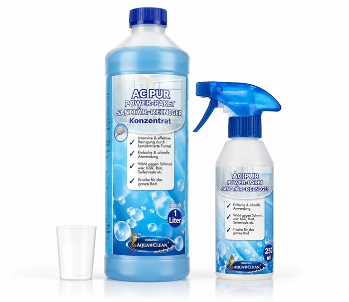 AC PUR Sanitärreiniger-Konzentrat 1 Liter mit 250-ml-Sprühflasche und Dosierbecher auf weißem Hintergrund.