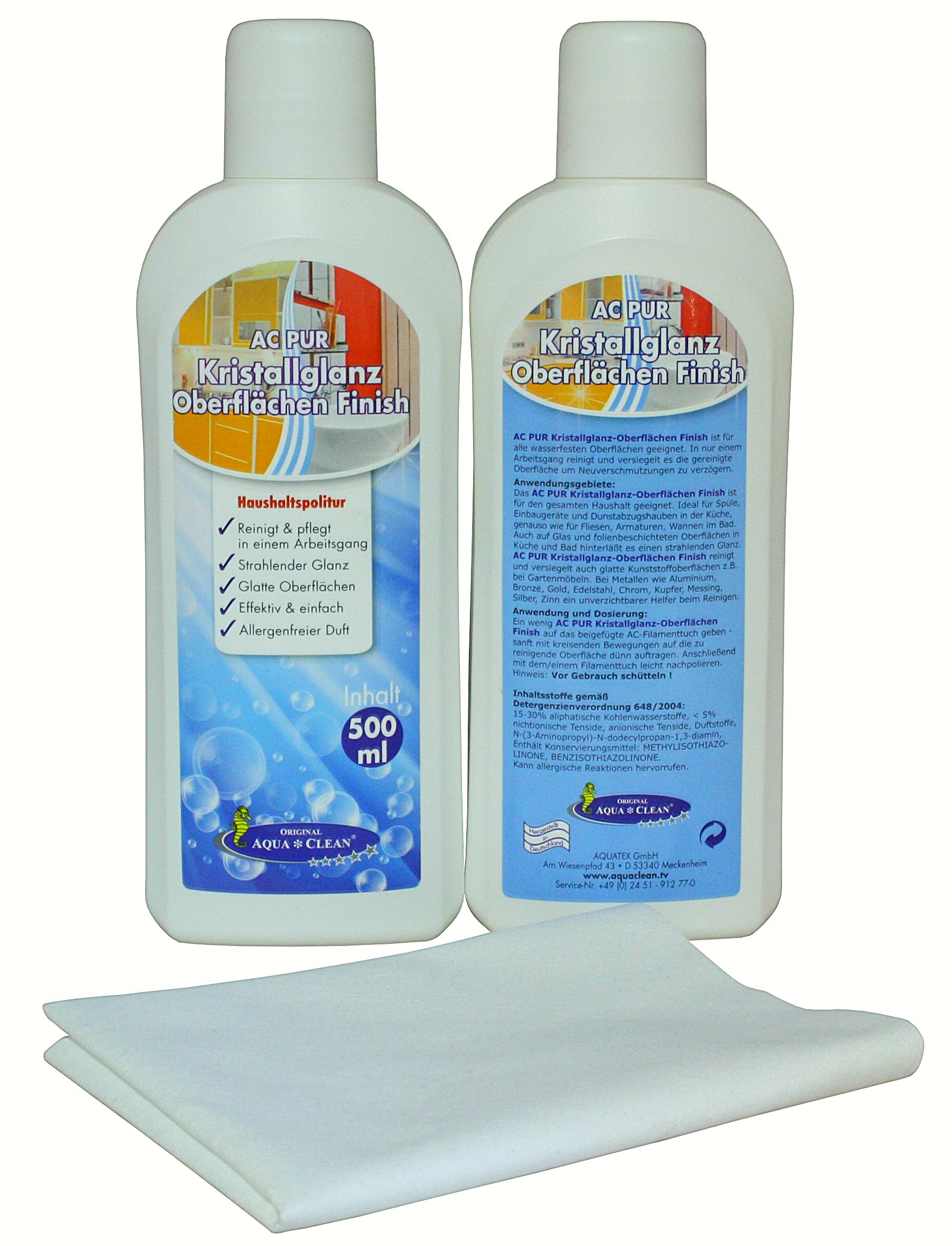 AQUA CLEAN PUR Kristallglanz Oberflächen Finish 2x 500ml + Mikrofasertuch