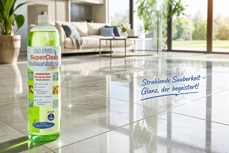 AC PUR SuperClean Bodenreiniger Konzentrat auf glänzendem Fliesenboden im Wohnzimmer. Sorgt für streifenfreie Sauberkeit, intensiven Glanz und langanhaltenden frischen Duft.