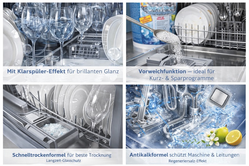 Infografik zum AC PUR Super Shine Geschirrpulver mit Klarspüler-Effekt, Vorweichfunktion, Schnelltrockenformel und Antikalkschutz für die Spülmaschine.