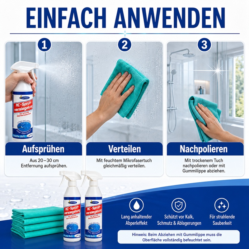 In drei Schritten wird gezeigt, wie die Versiegelung auf eine Glasfläche aufgesprüht, mit einem feuchten Poliertuch verteilt und anschließend trocken nachpoliert wird. Unten sind zwei Sprühflaschen und türkisfarbene Poliertücher abgebildet.
