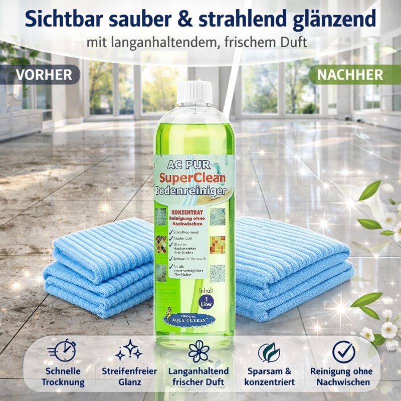 Vorher-Nachher Vergleich eines Fliesenbodens mit AC PUR SuperClean Bodenreiniger. Entfernt Schmutz effektiv und sorgt für streifenfreien Glanz sowie langanhaltenden frischen Duft.